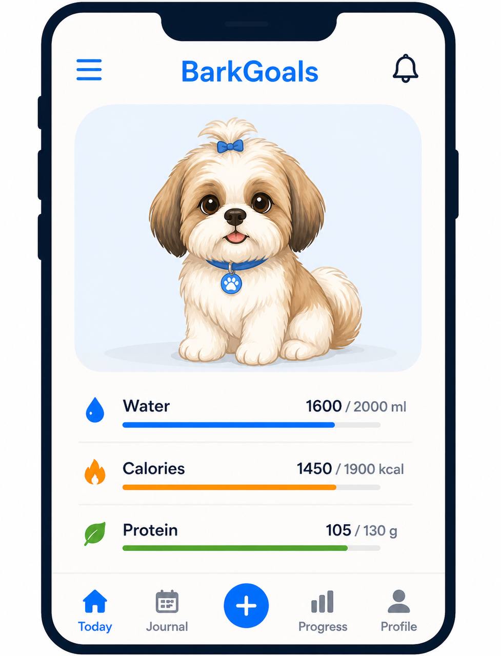 BarkGoals app preview with Shih Tzu mascot and water, calories, and protein goals
